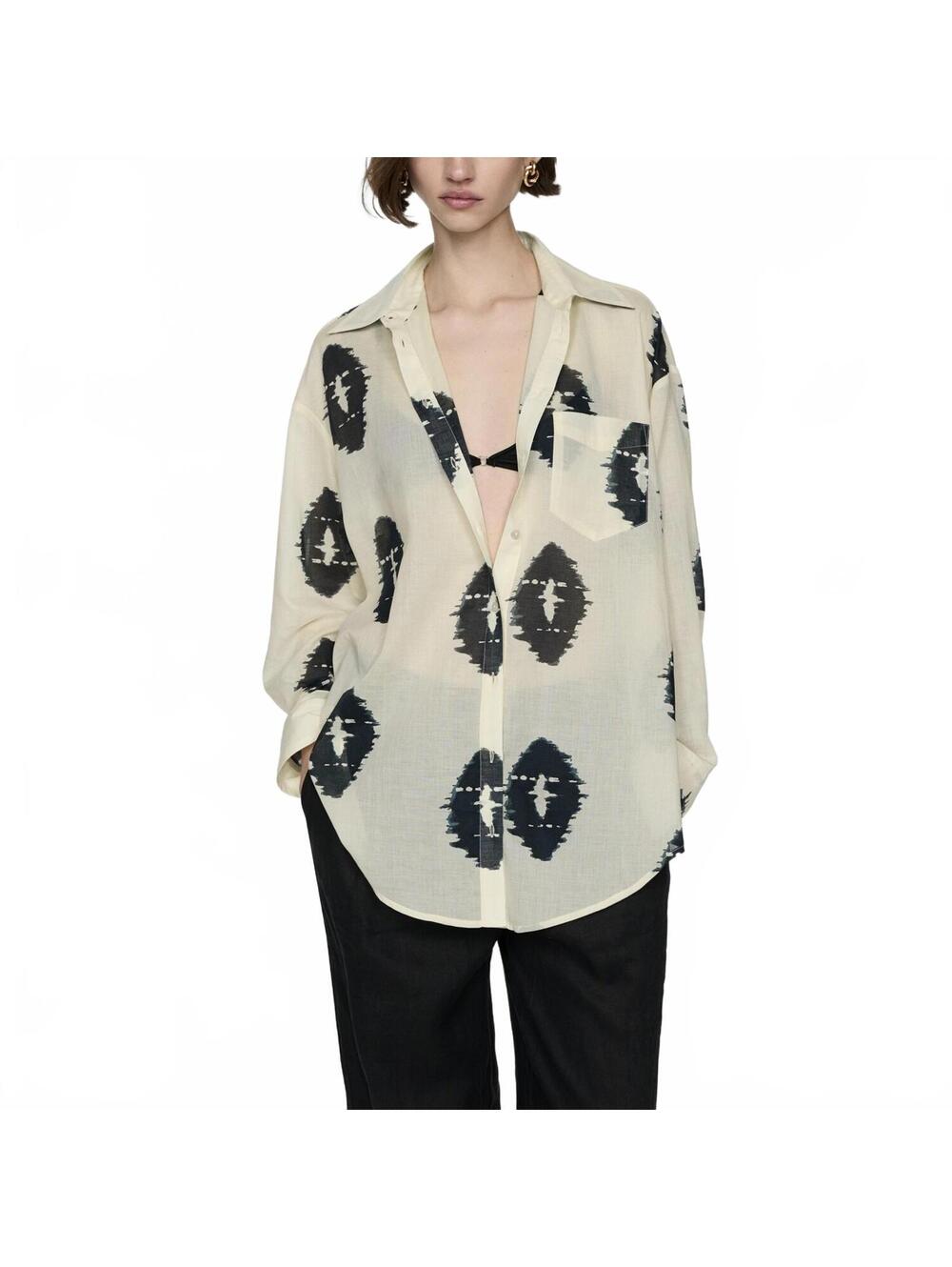 Mango Semi-Transparent Printed Shirt Brandy Ecru Tan NWT Size 8/Large